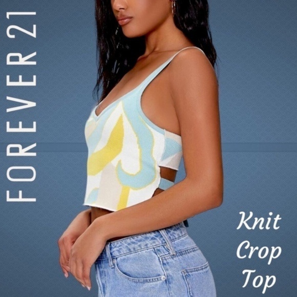 FOREVER 21 Abstract Print Open-Back-Tie Sweater Knit Crop Top NWT/XL - Picture 1 of 7